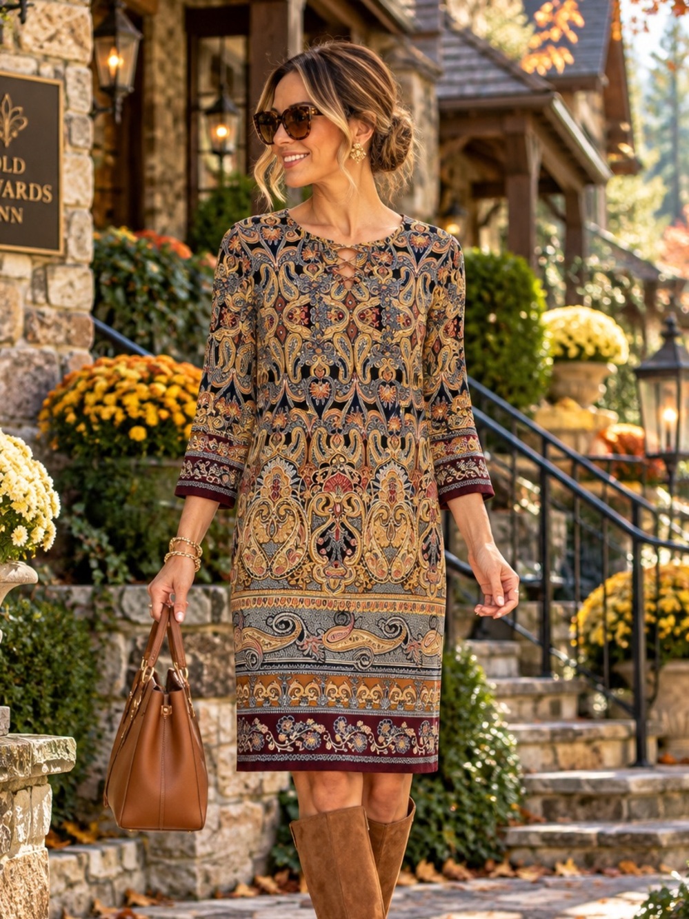 Chicos Paisley Shift Dress Navy Gold Double X V Neck 3/4 Sleeve Womens M